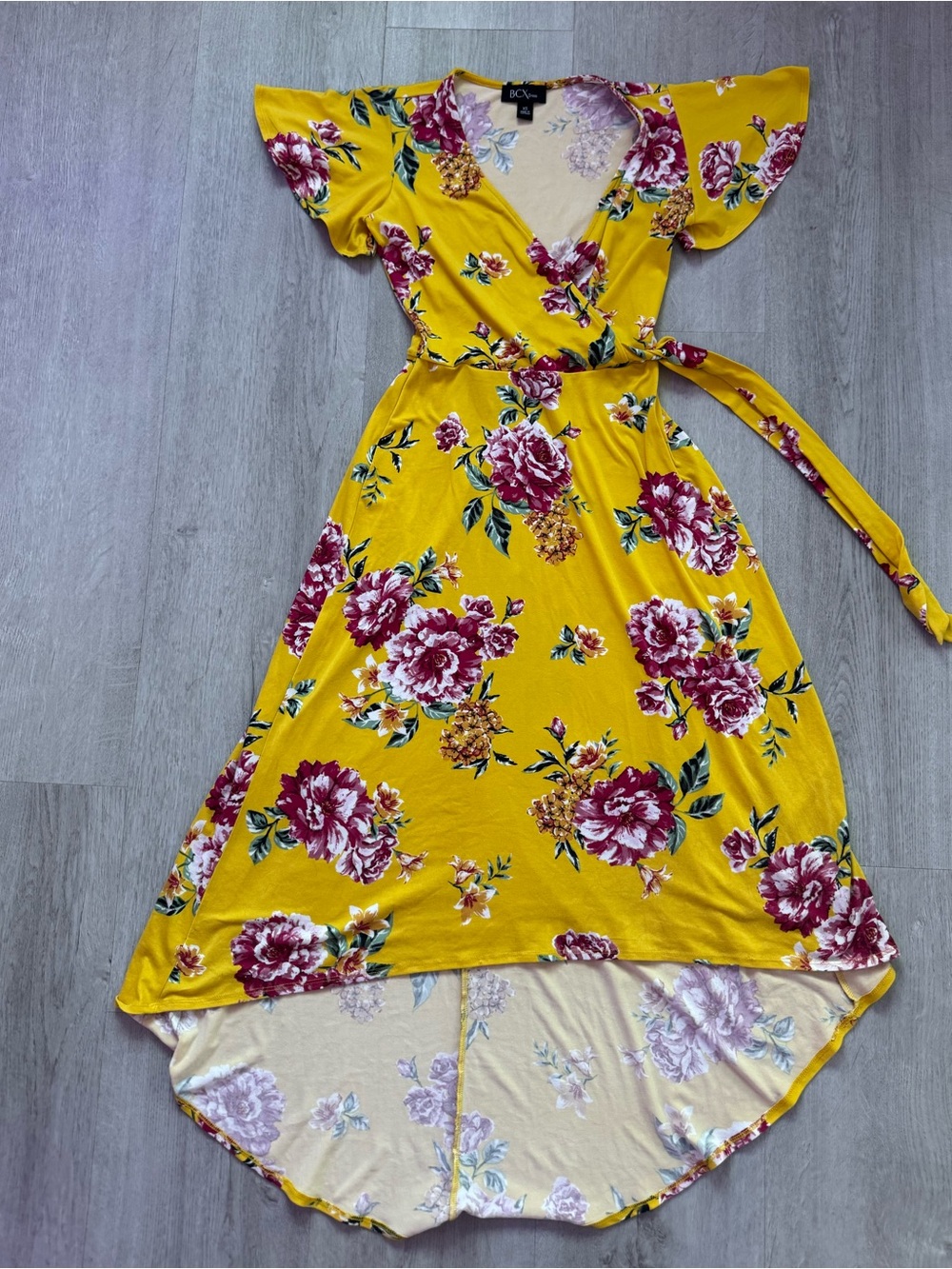 BCX Yellow Floral Wrap High-Low Dress